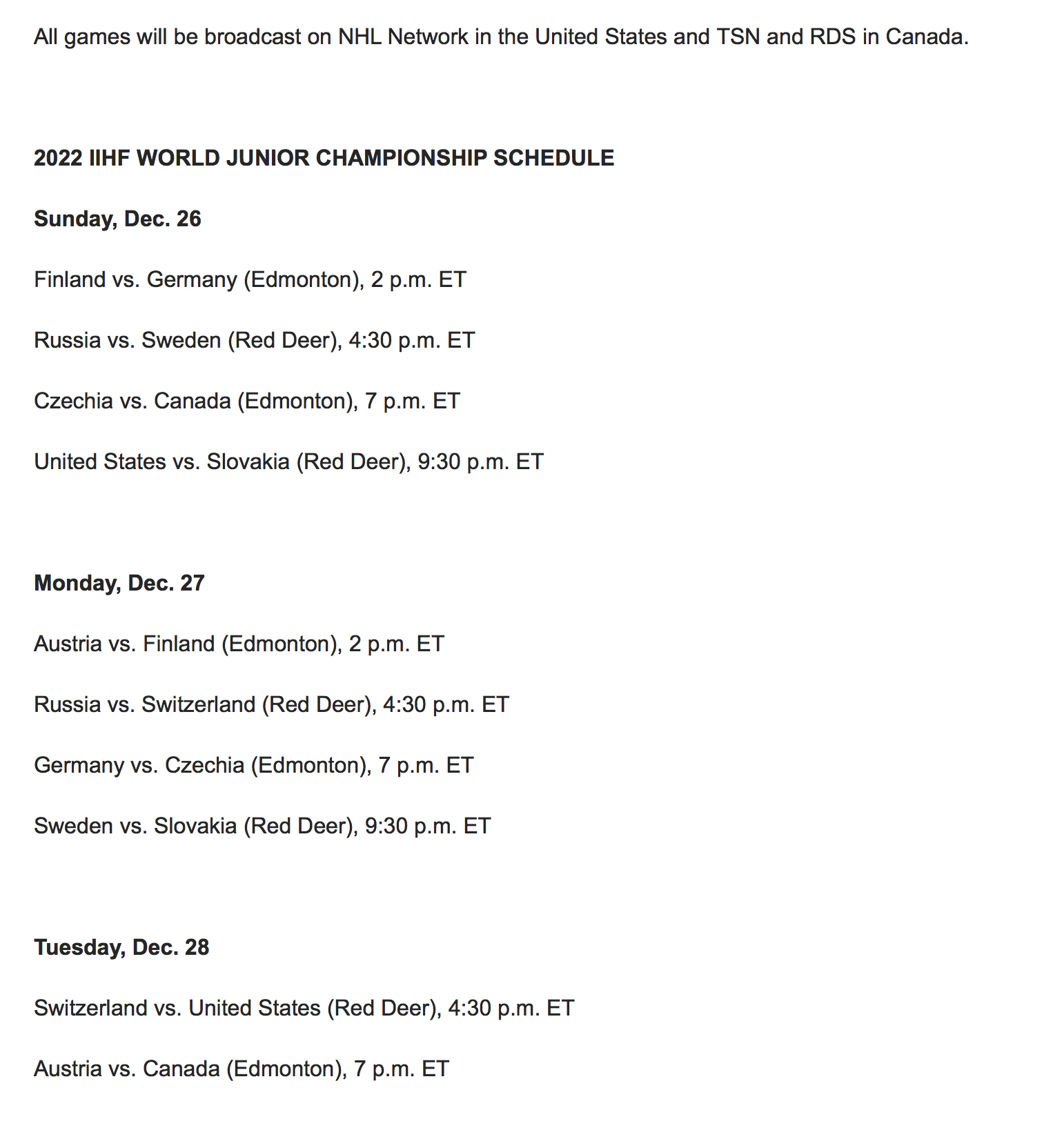 2022 World Juniors schedule Times, dates and locations NSS